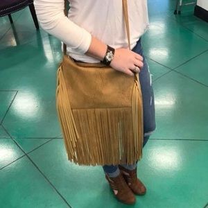 Long fringe tan crossbody